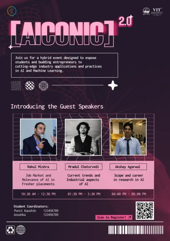Aiconic 2.0 event poster — three guest speakers carded over a magenta grid