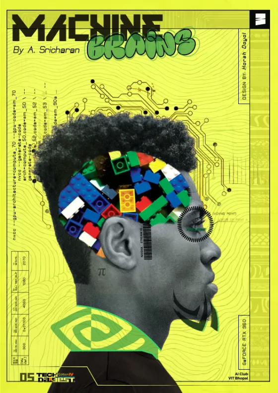 Machine Brains feature spread — a profile head packed with building blocks on acid yellow