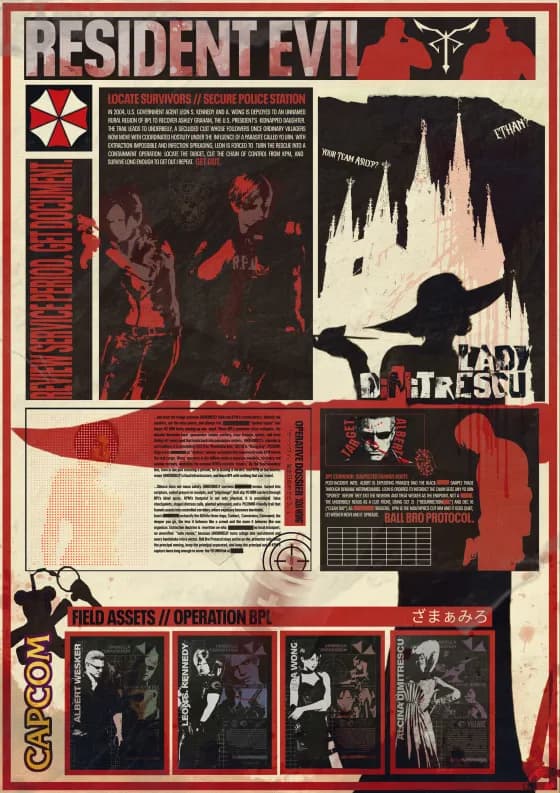 Resident Evil poster study — a red and bone dossier collage of characters and field assets
