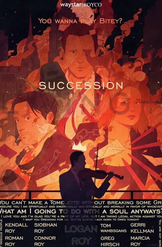 Succession poster study — the cast rendered in amber over a burning skyline