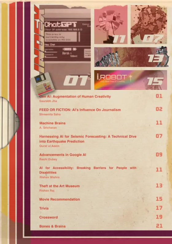 Tech Digest contents page — a floppy disk and article index over layered pink panels