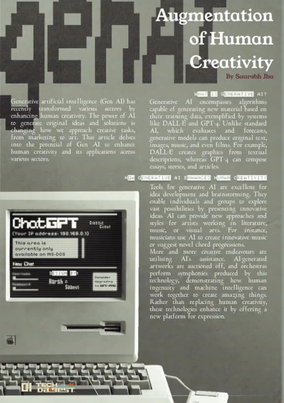 Augmentation of Human Creativity spread — a retro chat window set in a two-column essay