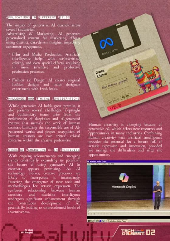 Tech Digest spread on applications and ethics — a floppy disk illustration beside dense body copy