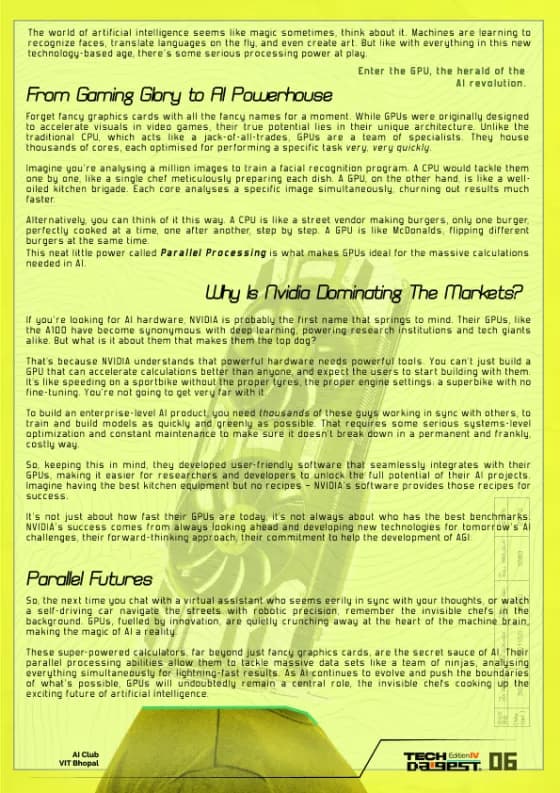 From Gaming Glory to AI Powerhouse spread — a full-page essay on GPUs in muted olive